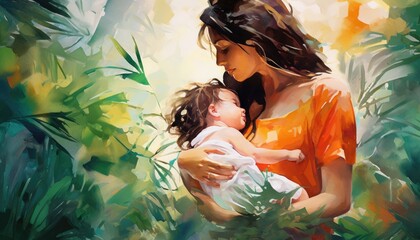 mother  huggin her baby ,water color ,tropical leaves background 