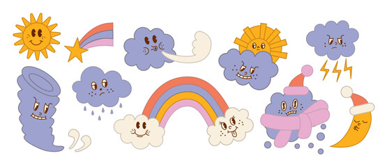 Meteorology and weather phenomenon. Weather flashcards for kids. Funny cartoon characters in trendy retro style.