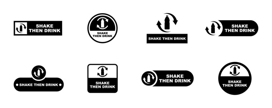 Set of shake bottle then drink black labels. Shake before use. Vector 10 Eps.