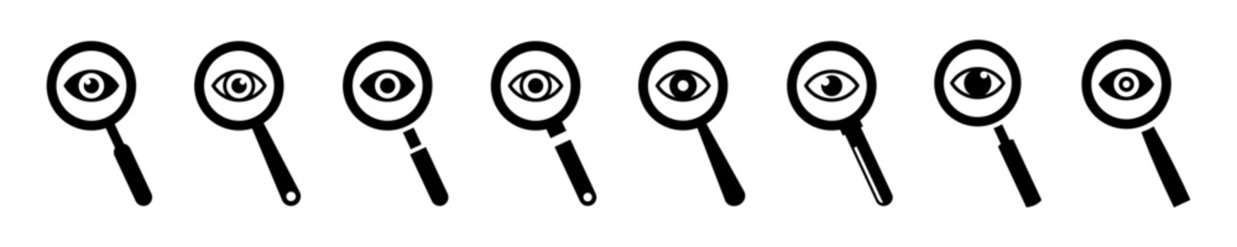 Set of magnifier with eyes vector icons. Focus, look or view. Vector 10 Eps.