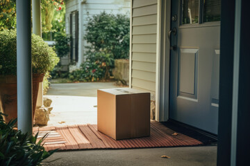 cardboard box of the parcel is standing outside near the door of the recipient's house - obrazy, fototapety, plakaty