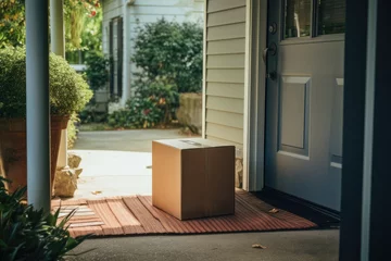 Fotobehang cardboard box of the parcel is standing outside near the door of the recipient's house © gankevstock