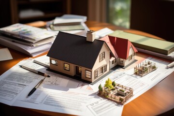 Architect’s Model House on a Table with Blueprints and Papers