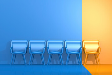 Yellow chair stand out from the blue. Job opportunity concept