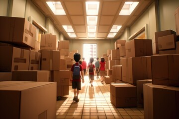 Children exploring a hallway filled with boxes