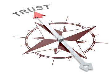Compass pointing toward trust word isolated