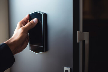 Close up of hand touching smart lock device to open door with fingerprint