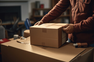 Close up of person’s hands unpacking cardboard box delivery - obrazy, fototapety, plakaty