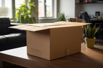 Empty cardboard box in a modern home office