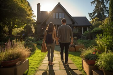 couple with bags walks to the door of their new house, back view