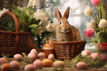 Bunny, eggs, basket, flowers in spring. Generative AI
