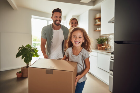 Family moving into new home with cardboard box