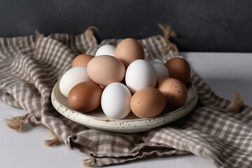 White and brown chicken eggs on a gray plate, with a checked kitchen towel, on a white table. Represents farm products and natural nutrition. Generative AI