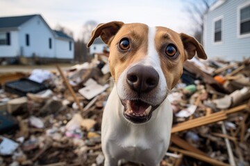 Happy dog surrounded by junk and trash outside house