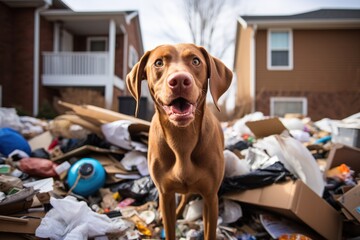Happy dog surrounded by junk and trash outside house