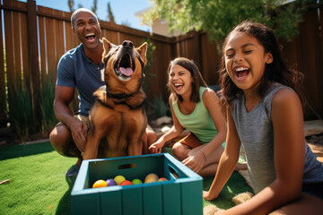 happy family playing with their dog on the backyard - obrazy, fototapety, plakaty