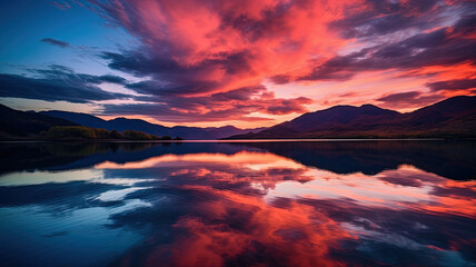 A vibrant sunset over a serene mountain lake, reflecting the warm hues of the sky