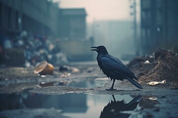 An urban scene with a raven. Polluted environment with toxic water and air. Generative AI