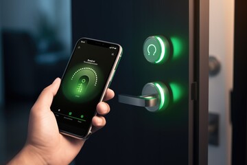 opening house door with smartphone. smart lock system and IoT concept. Hand with phone using app to open home electronic lock - obrazy, fototapety, plakaty