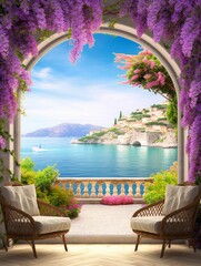 Lilac arch with a view of the embankment. Mediterranean landscape. Photo wallpapers. Wallpaper on the wall, Generative AI - obrazy, fototapety, plakaty