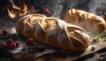 tasty homemade bread finishing cooking on the kitchen table, food concept, generative ai