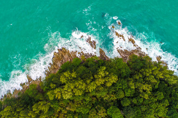 Aerial view sea beach wave on tropical sea island