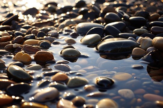 Wet pebbles on a beach reflecting sunlight.