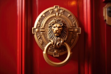 Ornate Lion Door Handle on Red Wooden Door