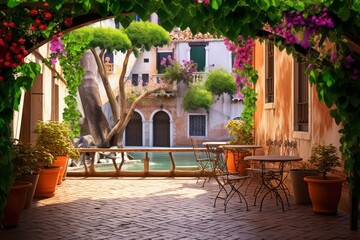 Beautiful courtyard with a living canopy. Venice. Italy. Photo wallpapers, Generative AI