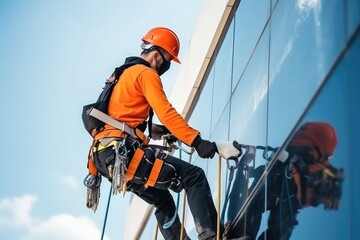 Industrial Climbers Cleaning Blue Windows Outside Building, Generative AI Illustration