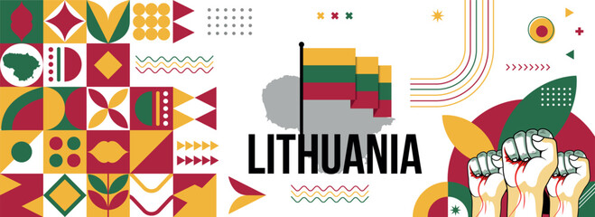 Lithuania national or independence day banner for country celebration. Flag and map of Lithuania with raised fists. Modern retro design with typorgaphy abstract geometric icons. Vector illustration. - obrazy, fototapety, plakaty