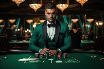 Casino Dealer, Gambling Table, Poker Concept, Croupier is Waiting for Player, Generative AI Illustration - obrazy, fototapety, plakaty