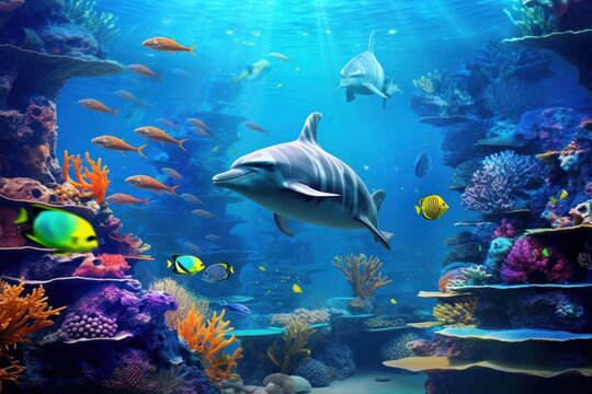 Underwater world with reefs and dolphins. Digital collage. Photo wallpapers, Generative AI