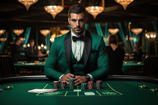 Casino Dealer, Gambling Table, Poker Concept, Croupier is Waiting for Player, Generative AI Illustration