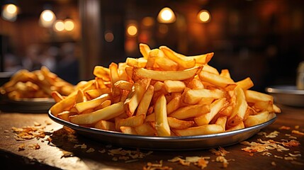 Delicious French fries, crunchy, salty, tasty, with blur background - obrazy, fototapety, plakaty
