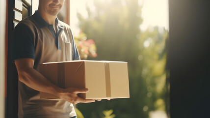Smiling courier holding a cardboard box, delivering outside a suburban home.