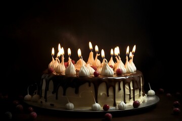 image of a cake with many lit candles. Generative AI