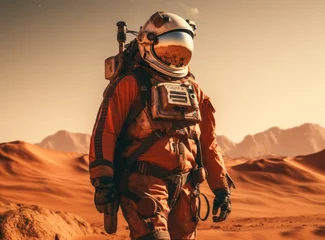 Tuinposter Beautiful astronaut stand in in a desert on a different planet. Generative AI © Евгений Кобзев