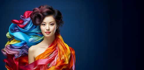 Exotic Beauty - Woman in Colorful Dress on Dark Blue Background