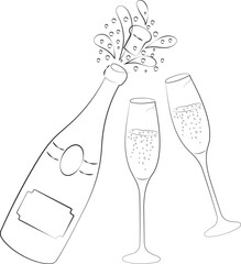 Champagne with glasses. Lineart. Christmas illustration. High quality vector illustration.