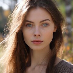 Obraz premium Portrait of a beautiful young girl with long brown hair in the autumn park