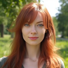 Fototapeta premium Portrait of a beautiful red-haired girl in the park.