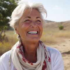 Portrait of a smiling senior woman in the middle of the desert