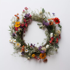 Fototapeta na wymiar Vibrant Floral Wreath: Colorful Blossoms on a White Background for All Seasons