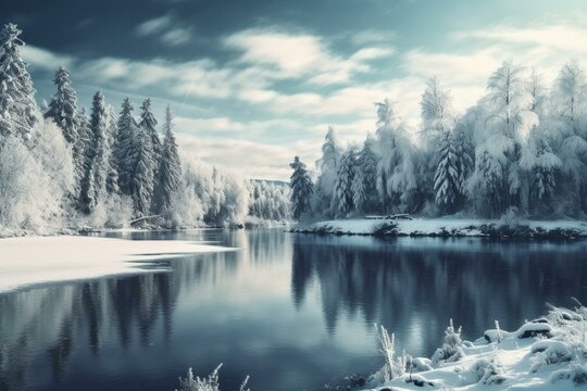 Beautiful winter scene of snow-covered forest with trees and a lake. Ideal for wallpaper, posters, and more. Generative AI