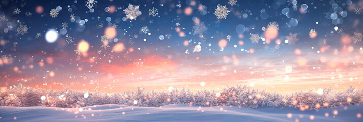 background with falling snowflakes against a wintry sky, conveying a serene and snowy atmosphere.