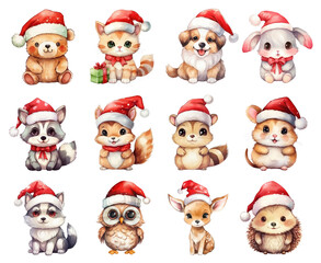 watercolor cute animal with christmas hat elements. set of clipart adorable animals in christmas theme.
