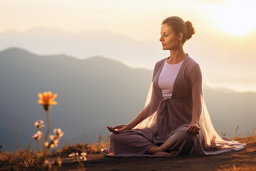 Mature beautiful woman who practices meditation, does yoga in nature