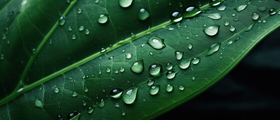 Macro shot of leaf with glistening water droplets.