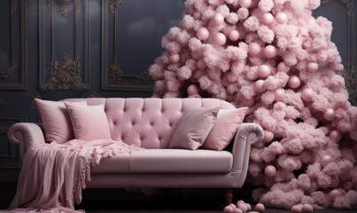 modern pink sofa with carriage tie and fluffy pink Christmas tree, decoration for photo studio